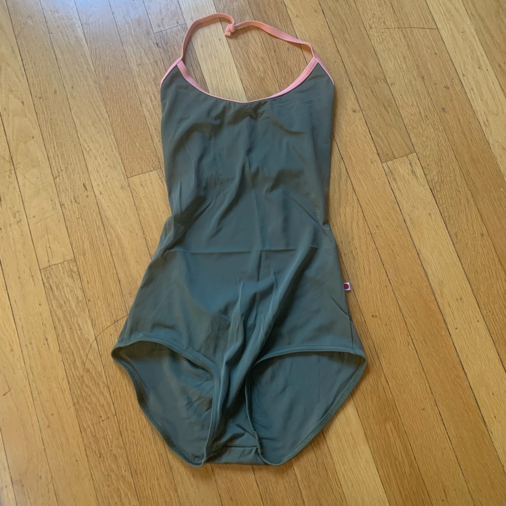 Yumiko leotard Kate model. Green and apricot color